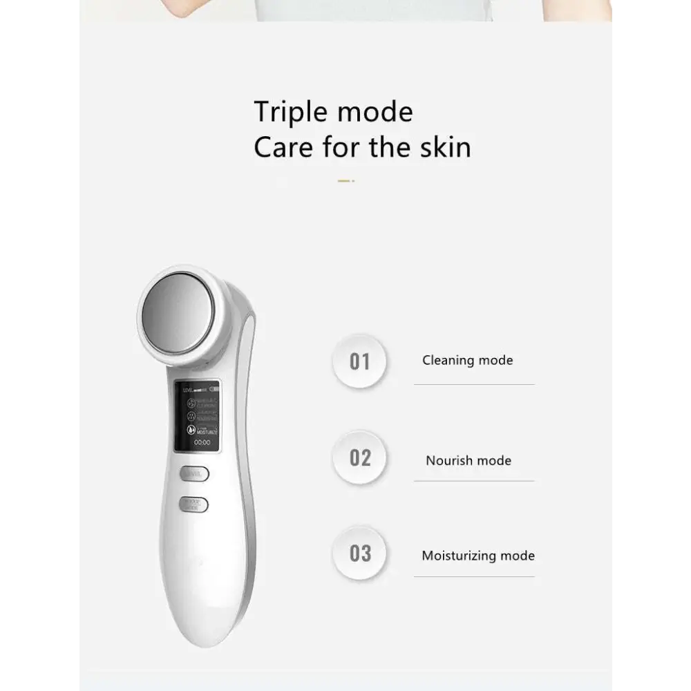 White handheld digital iontophoresis personal care device with circular treatment head and digital display screen