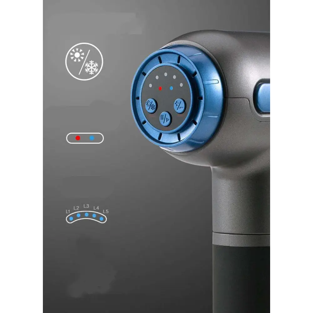Gray and blue handheld muscle relaxation massager with textured grip and hot compress feature for deep muscle relief