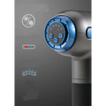 Blue and gray handheld muscle relaxation massager with hot compress feature and circular control dial for heat and intensity settings