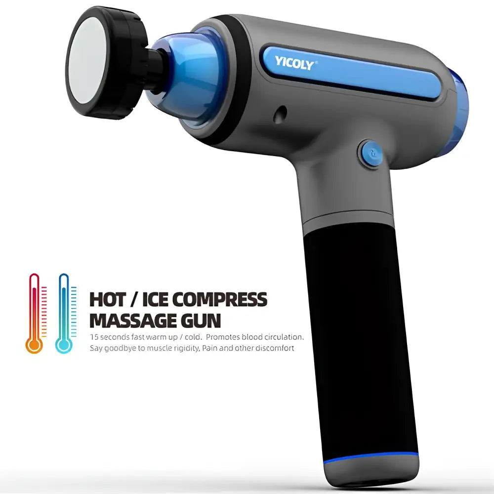 Gray and blue yicoly handheld muscle relaxation massager with black grip and hot compress feature for muscle relief