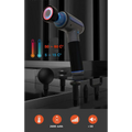 Black and gray handheld muscle relaxation massager with hot compress feature and interchangeable attachments with led lights