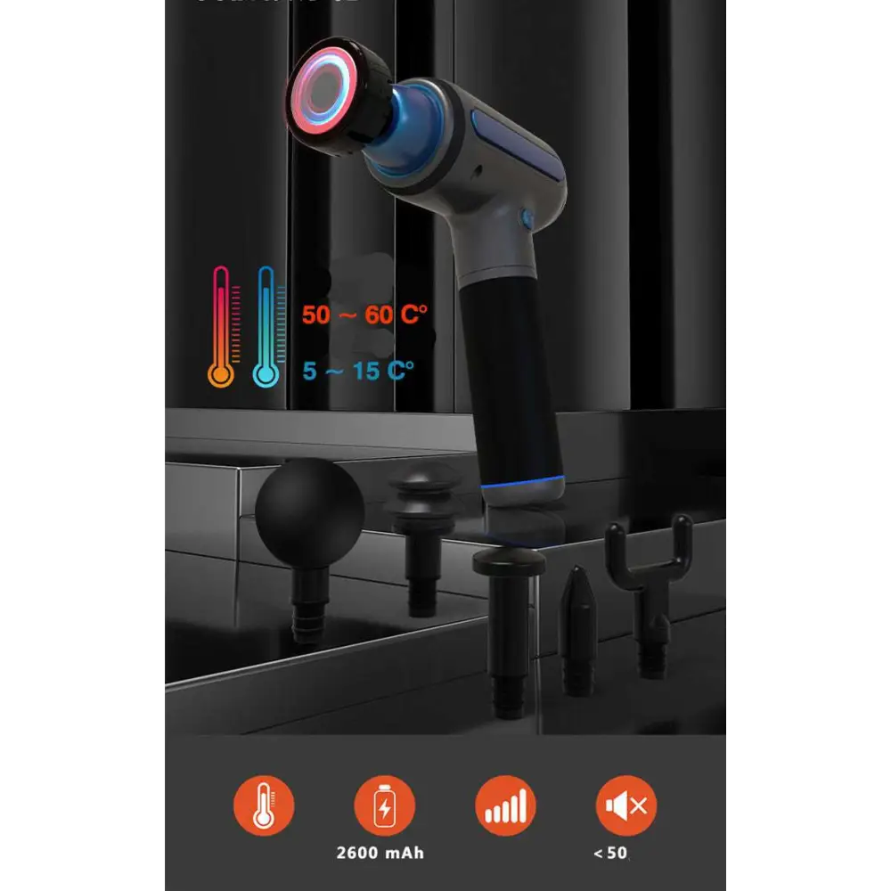 Black and gray handheld muscle relaxation massager with hot compress feature and interchangeable attachments with led lights
