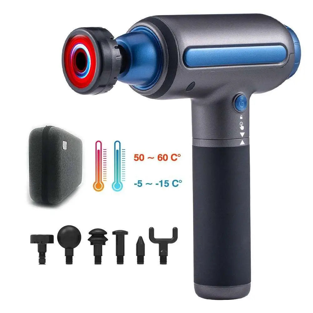 Blue and black handheld muscle relaxation massager with interchangeable attachments and hot compress feature