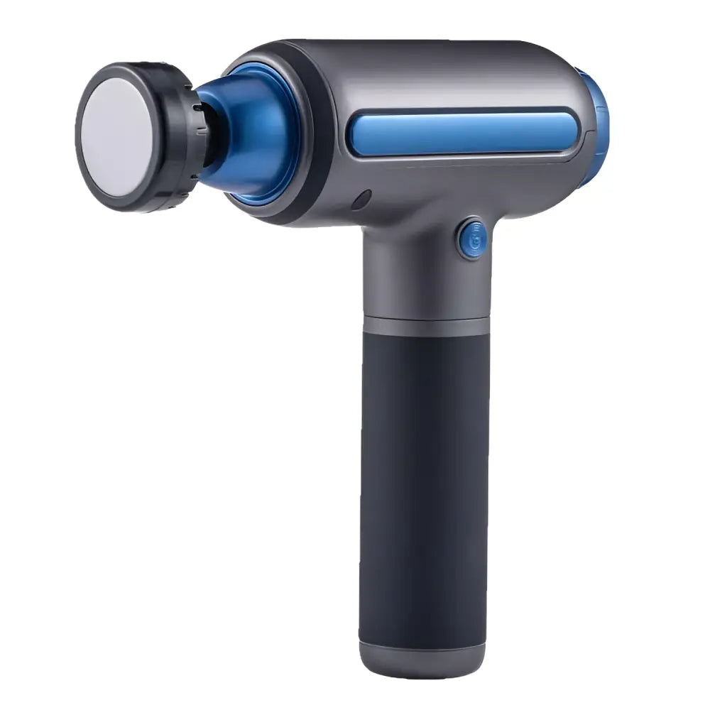 Gray and blue handheld muscle relaxation massager with textured grip and hot compress feature for deep muscle relief