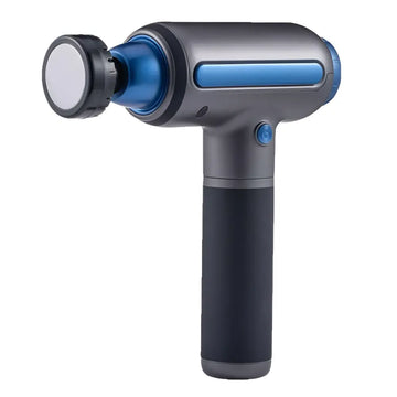 Gray and blue handheld muscle relaxation massager with textured grip and hot compress feature for deep muscle relief