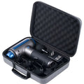 Gray and blue handheld muscle relaxation massager with hot compress feature and interchangeable attachments in carrying case