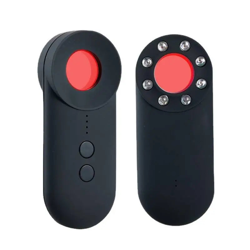 Black handheld positioning gps detector with red circular button and silver led lights for wifi signal detection