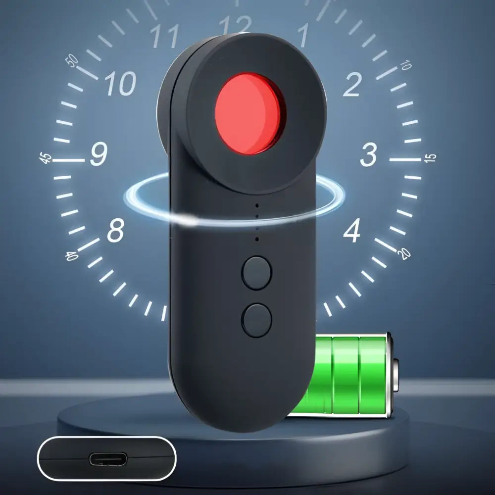 Black handheld positioning gps detector with red circular button, two buttons, and sleek matte finish for signal detection
