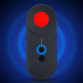 Black handheld positioning gps detector wifi device with a glowing red circular button and blue-lit camera lens