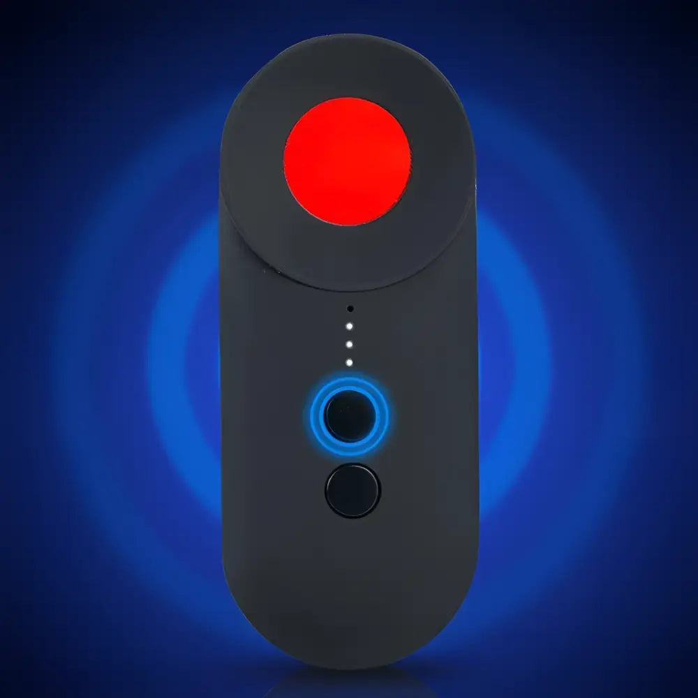 Black handheld positioning gps detector wifi device with a glowing red circular button and blue-lit camera lens