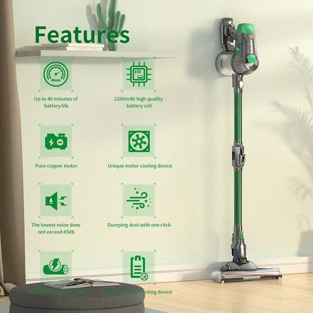 Green and silver handheld wireless vacuum with foldable tube designed for versatile cleaning and modern use