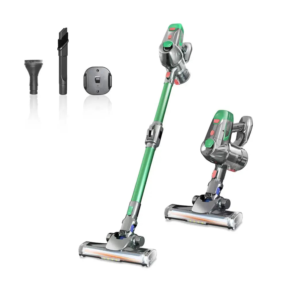 Green and silver handheld wireless vacuum with foldable tube designed for versatile cleaning with detachable floor head and handheld attachment