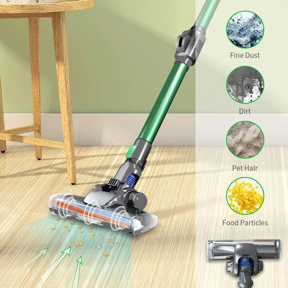 Green and gray handheld wireless vacuum cleaner with transparent dust chamber and foldable tube designed for versatile cleaning