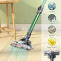 Green and gray handheld wireless vacuum cleaner with transparent dust chamber and foldable tube designed for versatile cleaning