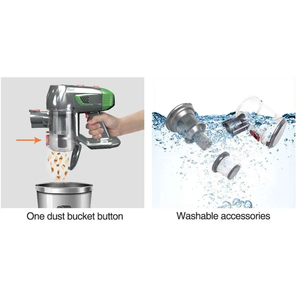 Silver and green handheld wireless vacuum with foldable tube designed and detachable dust bucket for versatile cleaning