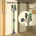 Green and silver wall-mountable holder for handheld wireless vacuum with foldable tube designed for versatile cleaning