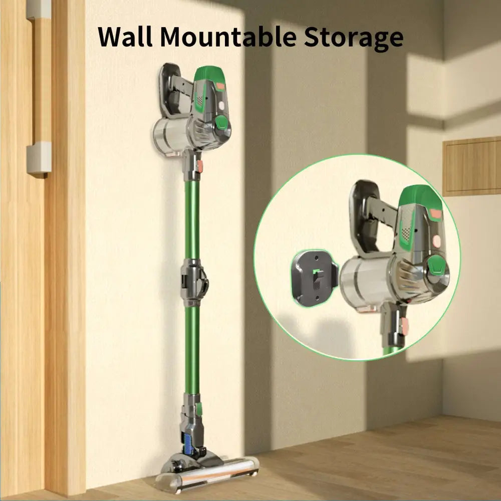 Green and silver wall-mountable holder for handheld wireless vacuum with foldable tube designed for versatile cleaning
