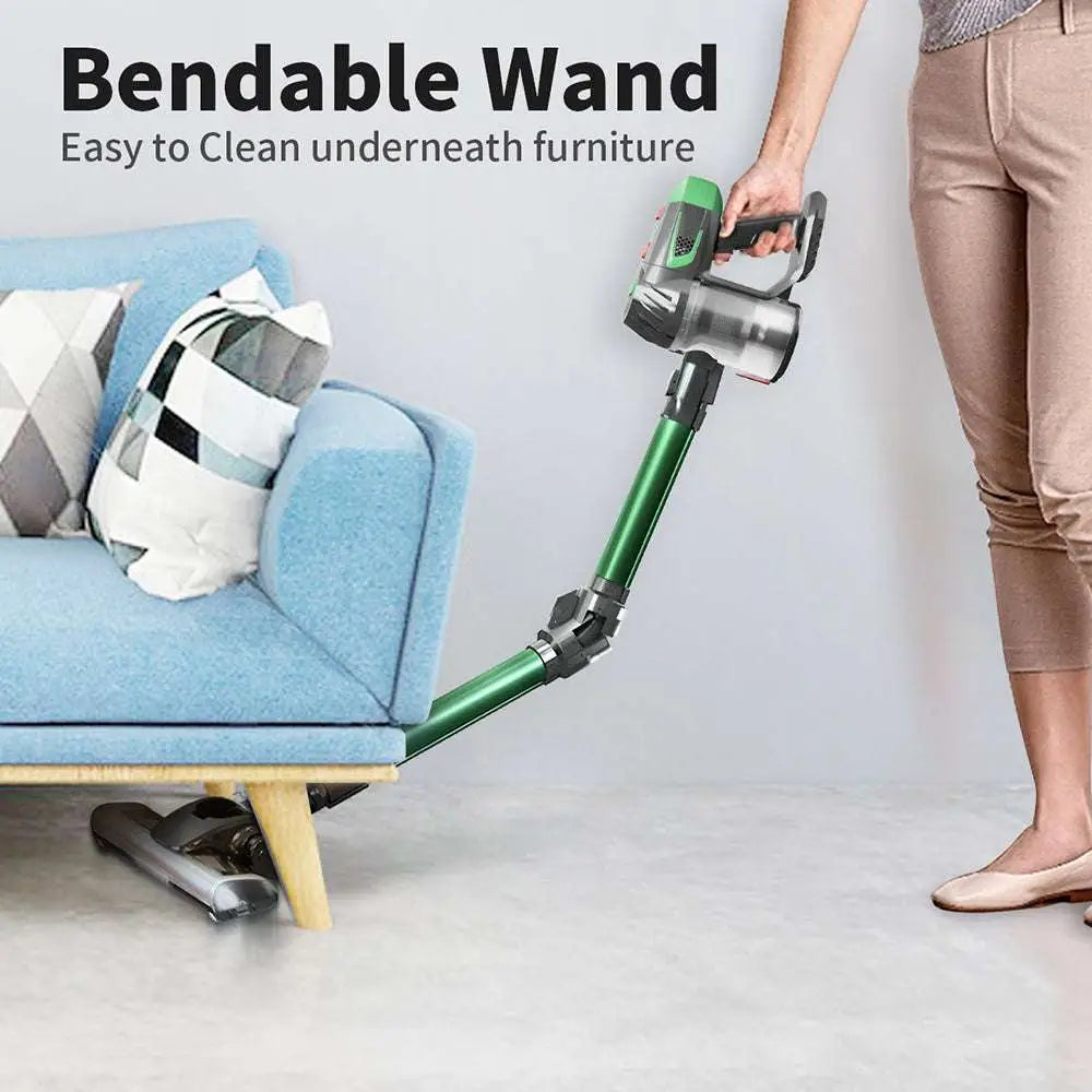 Green and silver handheld wireless vacuum with foldable tube designed for versatile cleaning with bendable wand