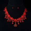 Handmade cloth wedding pearl necklace set featuring a red lace choker with dangling pearls and ornate pendant