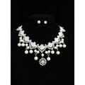 Handmade cloth wedding pearl necklace set with white lace choker, central crystal, and dangling pearls for weddings