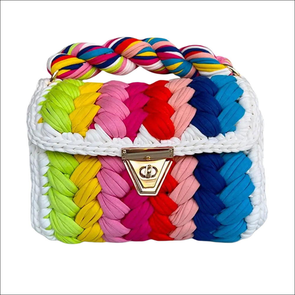 Handmade crocheted bag with colorful braided strap and multicolored fabric strips for wedding party events