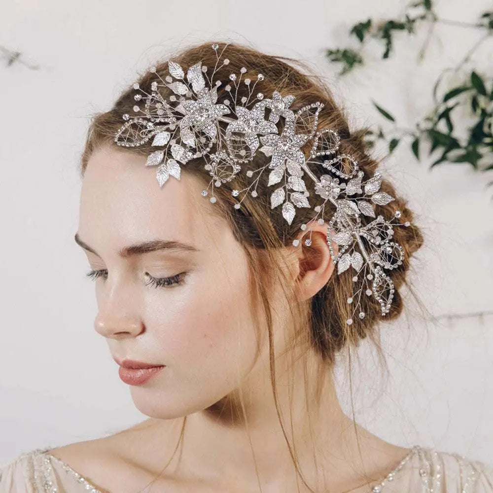 Handmade environmentally friendly silver floral headpiece with delicate leaf designs and sparkling crystal accents