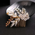 Elegant handmade hairband gold featuring a gold leaf headdress with silver leaves, white flowers, crystals, and amber beads