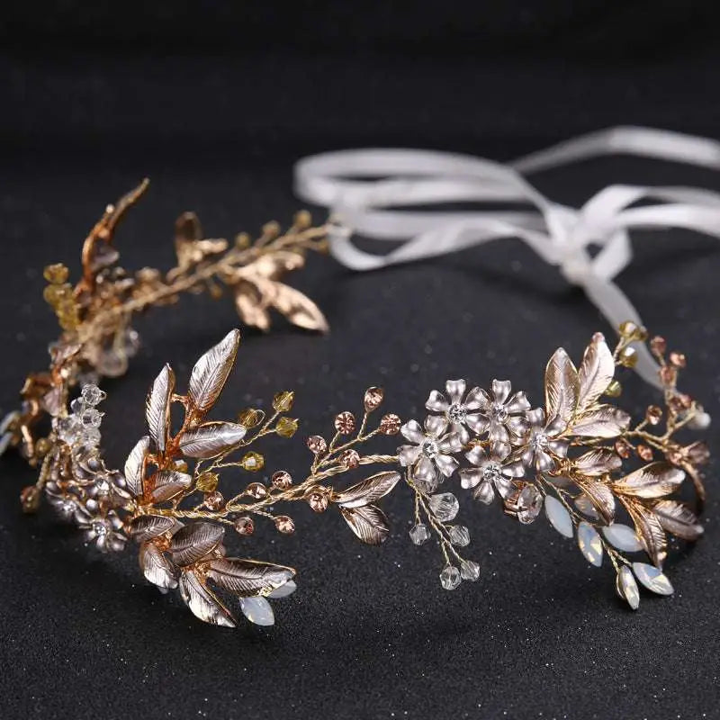 Elegant handmade hairband gold leaf headdress with silver leaves, clear and rose-gold crystals, and white ribbons