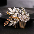 Delicate handmade hairband gold comb with gold leaf headdress, clear crystals, amber beads, and a single pearl accent