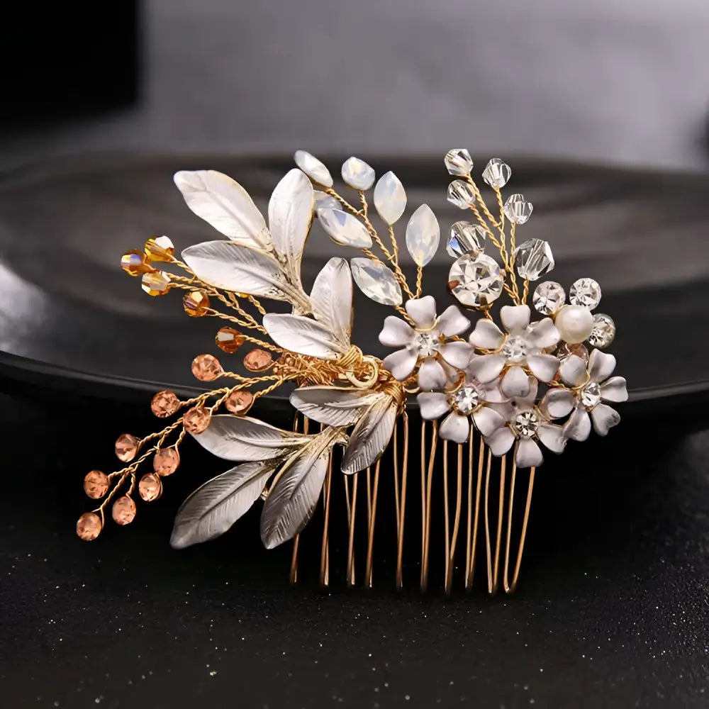 Delicate handmade hairband gold comb with gold leaf headdress, clear crystals, amber beads, and a single pearl accent