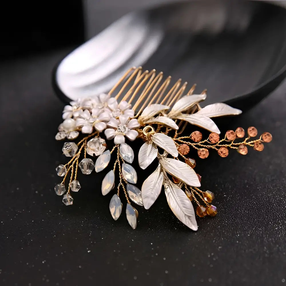 Elegant handmade hairband gold featuring gold leaf headdress with silver accents and crystal beads for special occasions