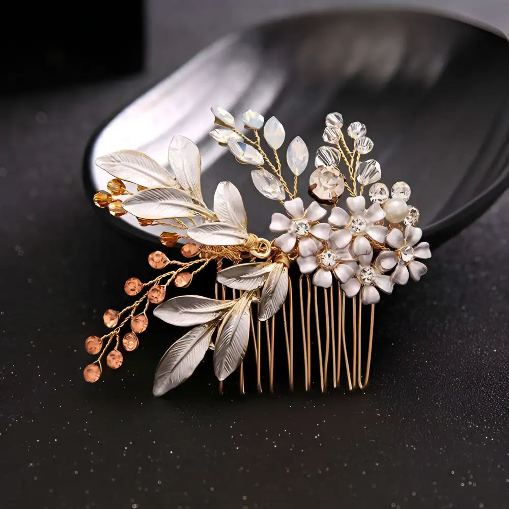 Elegant gold handmade hairband gold leaf headdress with silver floral accents clear crystals and amber gemstones