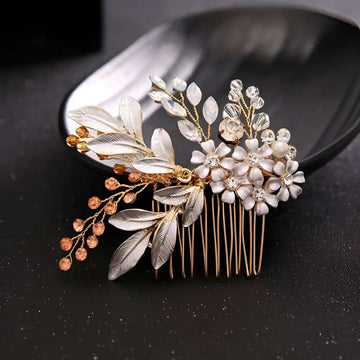 Elegant gold handmade hairband gold leaf headdress with silver floral accents clear crystals and amber gemstones