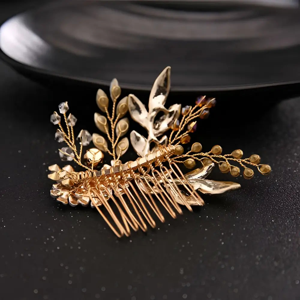 Delicate handmade hairband gold leaf headdress with gold-toned floral comb adorned with clear and amber crystals