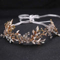 Elegant handmade hairband gold leaf headdress with clear and amber crystals, silver leaves, and white satin ribbon tie