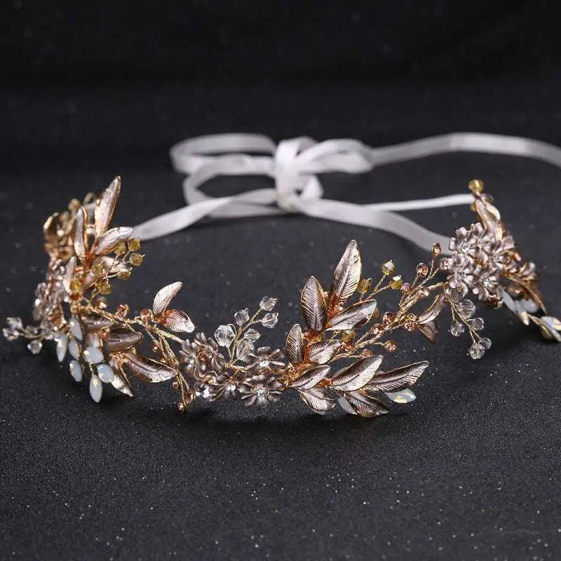 Elegant handmade hairband gold leaf headdress with clear and amber crystals, silver leaves, and white satin ribbon tie