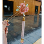 Handmade hanfu hairpin with delicate pink floral design and pink floral tassel featuring translucent gemstones and golden beads