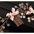 Handmade leaf twisted rose gold floral hair comb with clear crystals and pink pearl beads for elegant styling