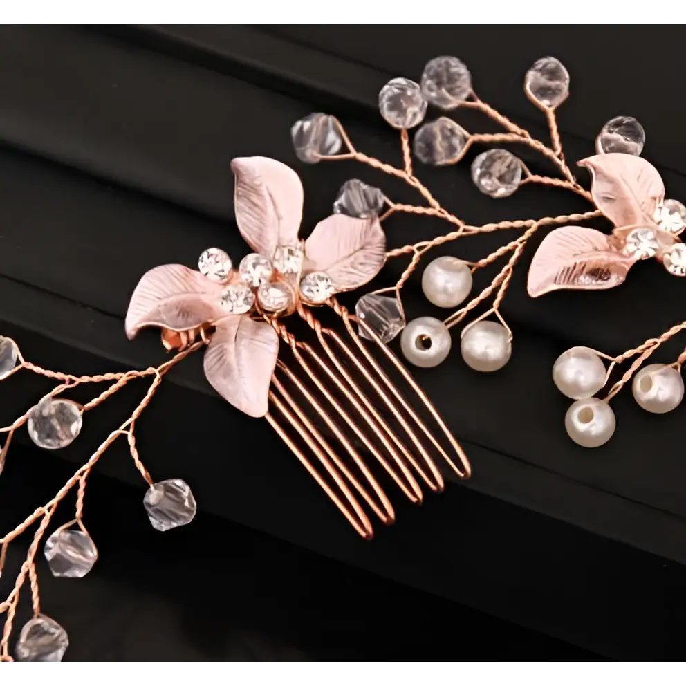 Handmade leaf twisted rose gold floral hair comb with clear crystals and pink pearl beads for elegant styling