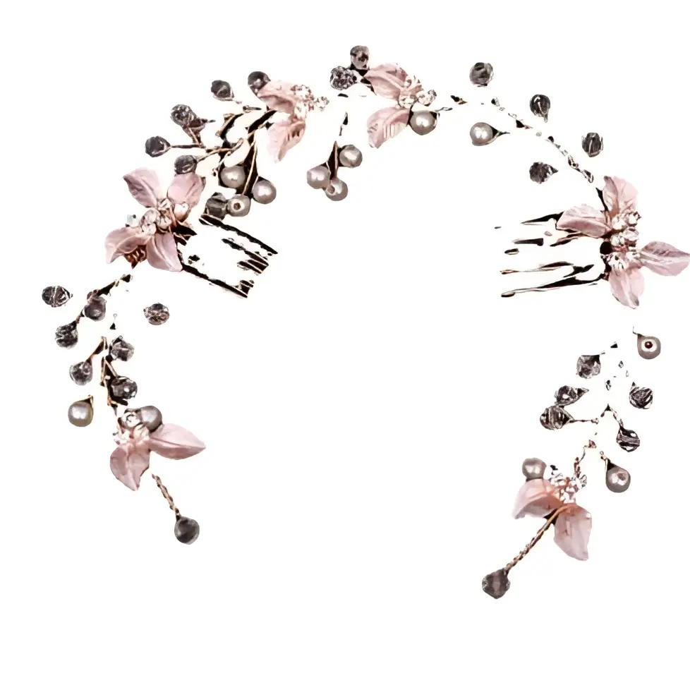 Handmade leaf twisted flower comb in rose gold pink with delicate pearls and silver-toned crystals adornment