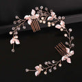 Handmade leaf twisted rose gold floral hair comb with delicate pink petals clear crystal beads and pearl accents