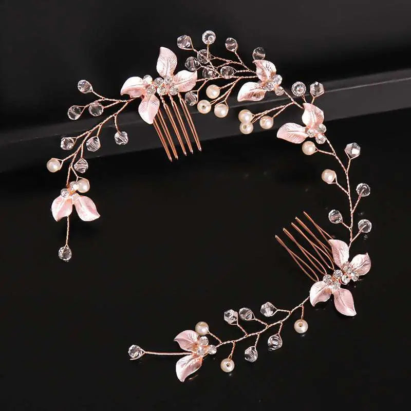 Handmade leaf twisted rose gold floral hair comb with delicate pink petals clear crystal beads and pearl accents