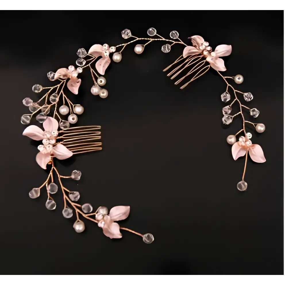 Delicate handmade leaf twisted rose gold comb with pink fabric flowers clear crystal beads and pearl accents