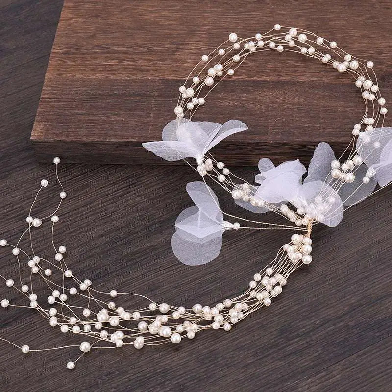 Elegant handmade pearl fairy bridal headdress with organza flowers and delicate silver wire beaded hair strands