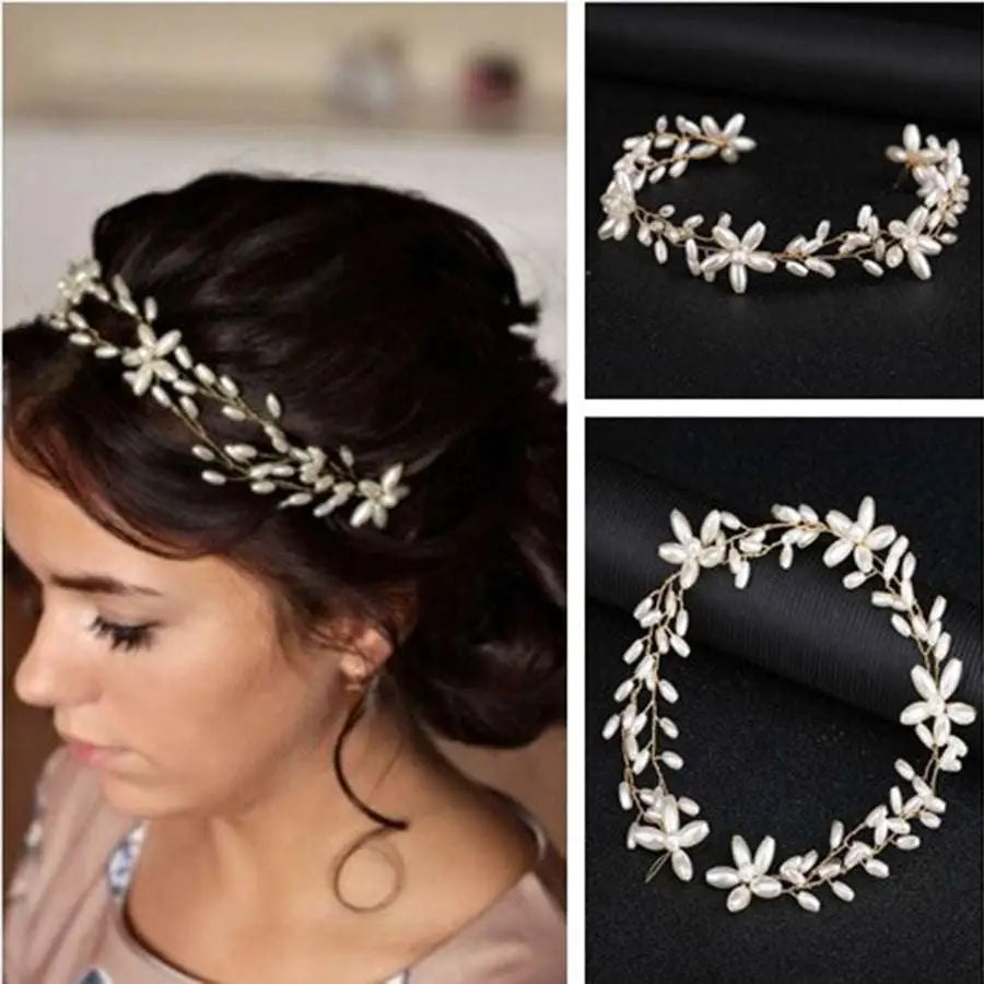 A delicate gold-toned handmade pearl twisted headwear with white pearl flowers and leaves for elegant wear