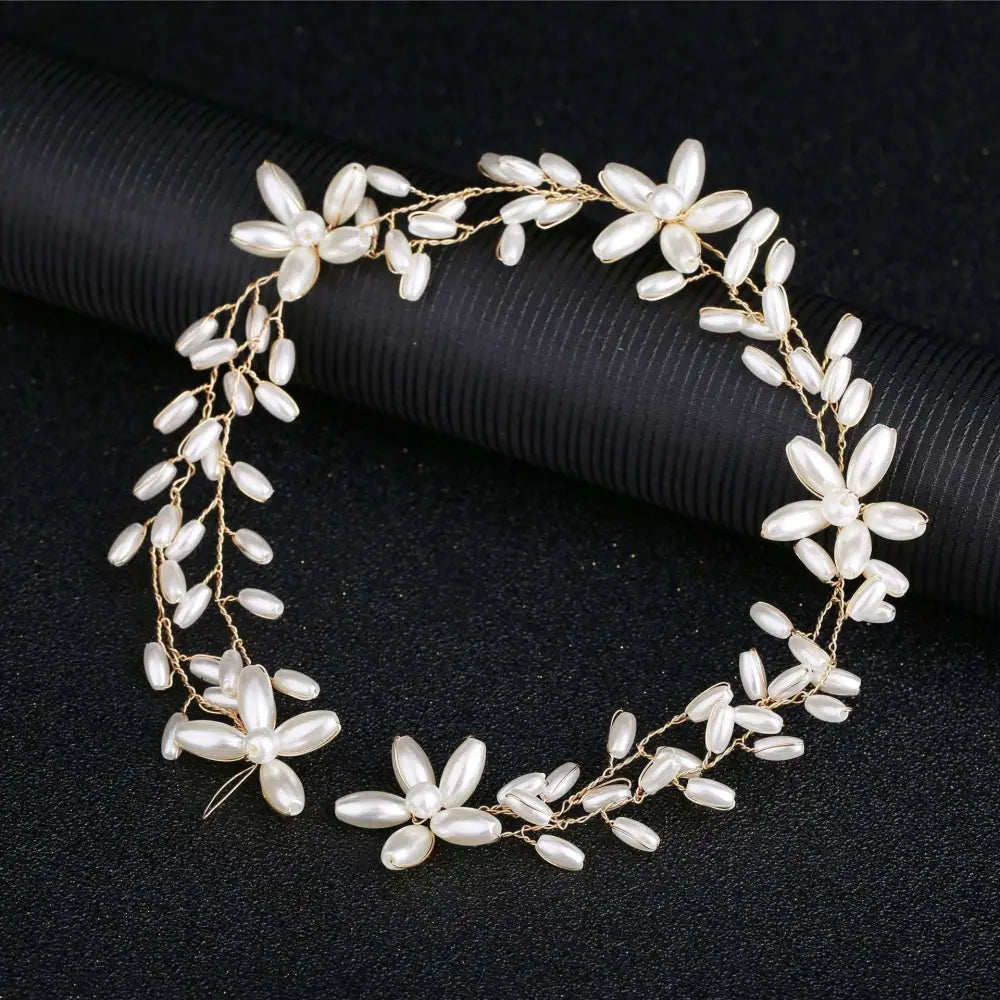 Delicate gold-toned handmade pearl twisted bead headwear featuring white pearl flowers and teardrop-shaped pearls