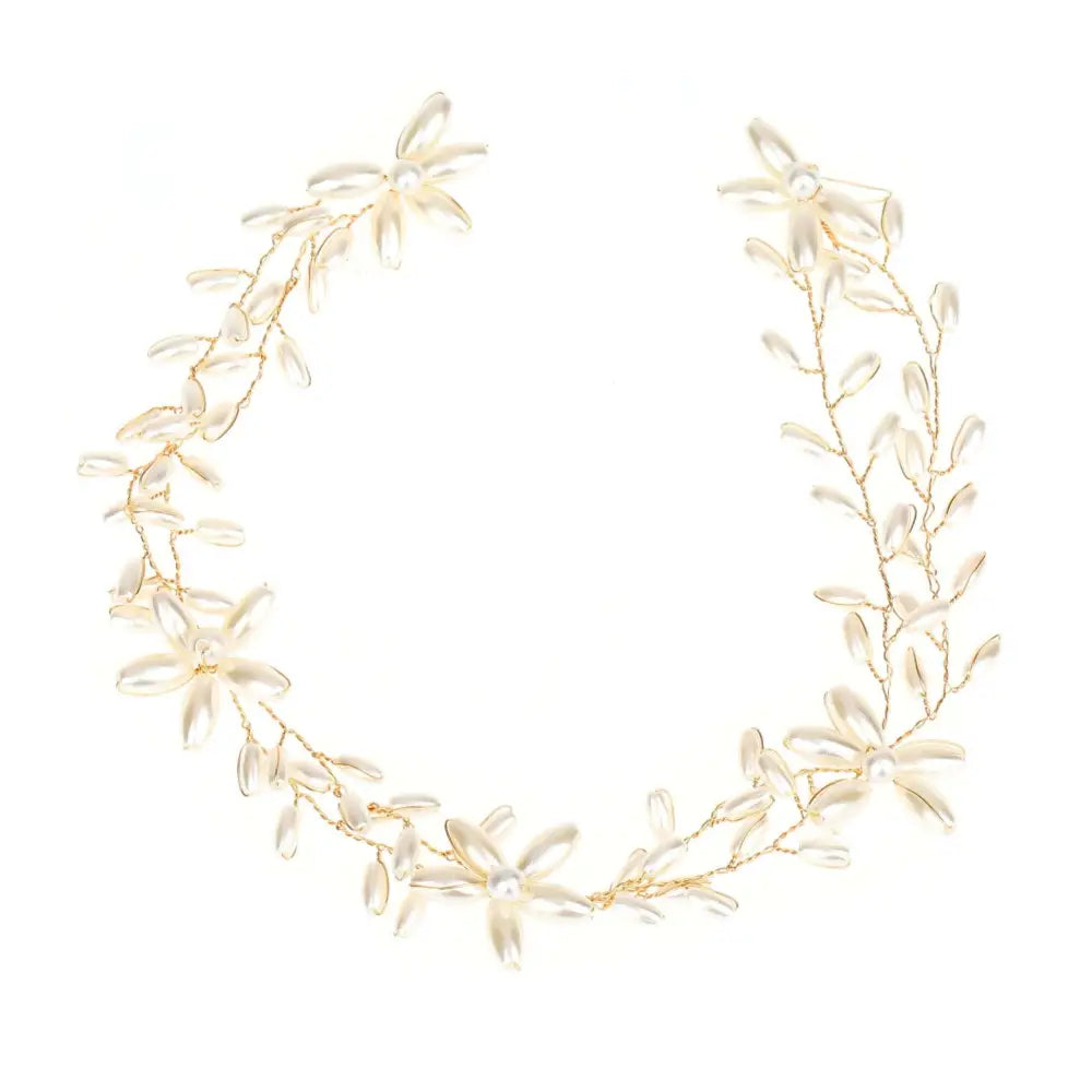 Elegant ivory floral handmade pearl twisted bead headwear with delicate gold-toned wire and pearl accents