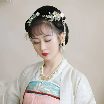 Elegant black hanfu ancient style handmade fringed floral hair crown with white and green embroidery and pearl accents