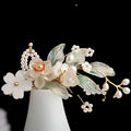Elegant hanfu ancient style handmade fringed floral hair crown with translucent white and green petals and pearl accents