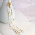Elegant hanfu ancient style handmade fringed floral hair crown with gold tones, pearls, mint-green beads, and clear crystals